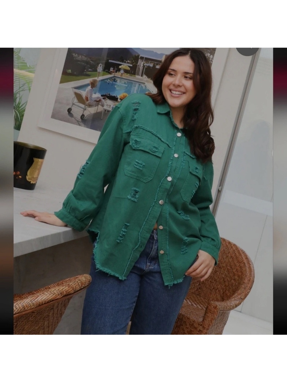 Distressed Green Button-Front Jean Jacket
